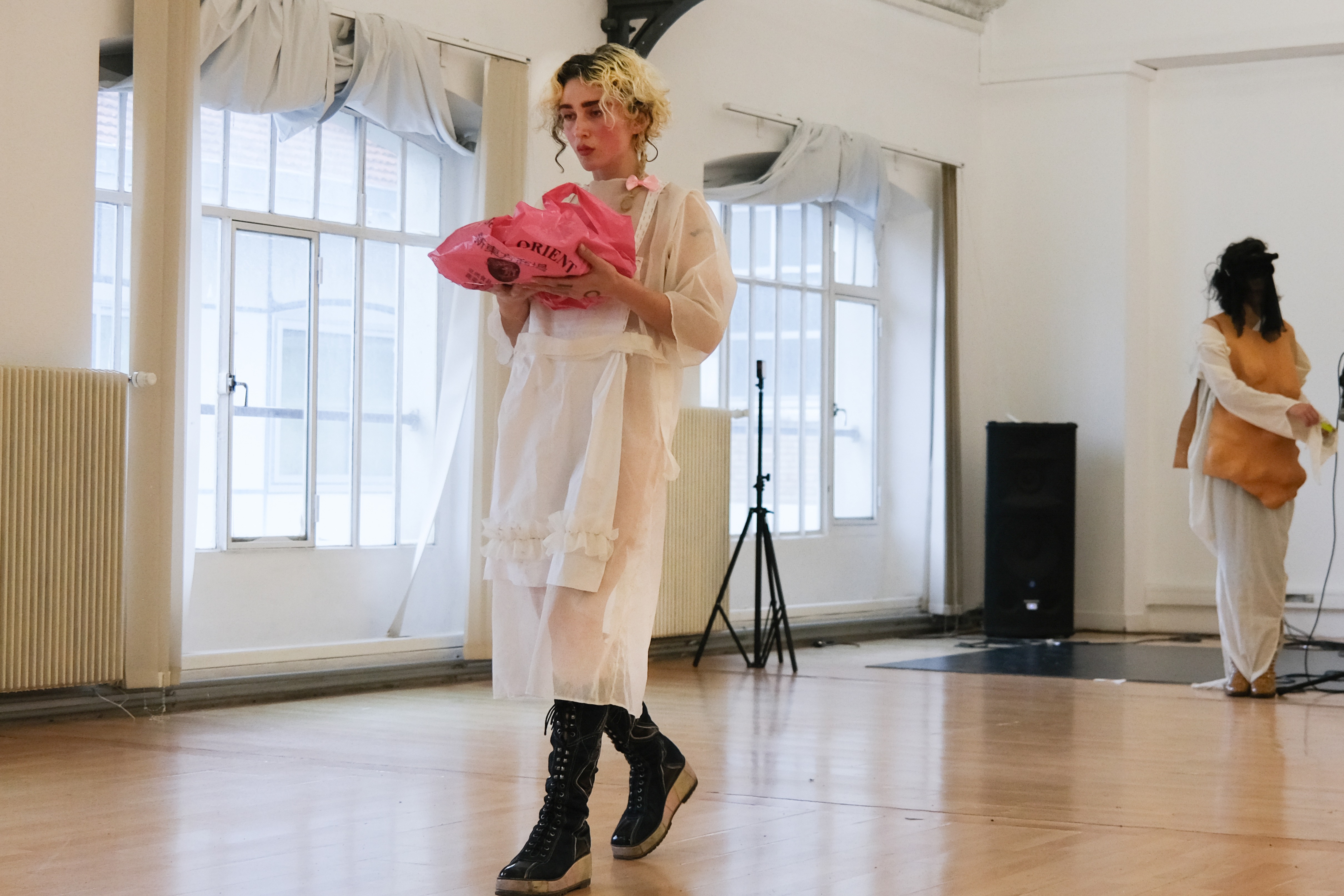 Performance still — The Classroom by Tina Atami, POUSH, 2024, durational performance exploring discipline and collective presence